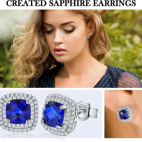 Sapphire Earrings Cushion Cut Women | 925 Sterling Silver | September Birthstone - Picture 3 of 6